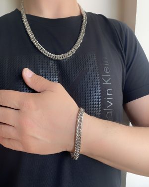 Axexuar - 316L Gümüş Gri Çelik Kalın Yassı Örme Kolye ve Bileklik Seti