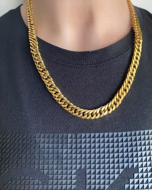 Axexuar - Altın Sarı 316L Çelik Kalın Yassı Örme Model Zincir Kolye (10 mm)