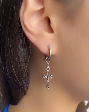 Axexuar - 316L Gümüş Gri Çelik Halka Küpe (Otantik Haç Motifli)