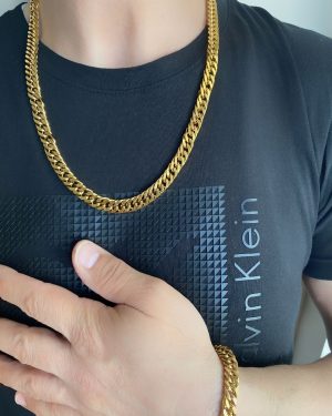 Axexuar - Altın Sarı 316L Çelik Kalın Yassı Örme Kolye ve Bileklik Takı Seti