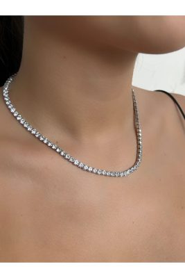 Axexuar - Gümüş Renk Özel Zirkon Taşlı Kare Kesim Su Yolu Çelik Kolye