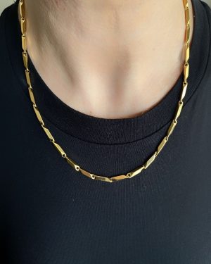 Axexuar - 316L Çelik Parlak Üçgen Altın Sarı Renk Bakla Zincir Kolye (Yüksek Kondisyon)