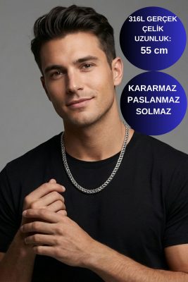 Axexuar - Gümüş Renk 316L Çelik Küp Kare İtalyan Zincir Kolye