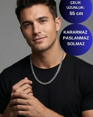Axexuar - Gümüş Renk 316L Çelik Küp Kare İtalyan Zincir Kolye