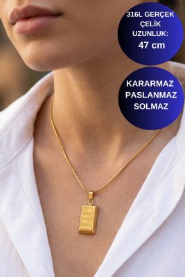 Axexuar - Gold Renk 316L Çelik Külçe Model Dikdörtgen Kolye (Şans ve Bereket Temalı)