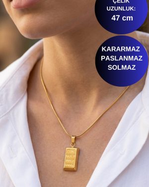 Axexuar - Gold Renk 316L Çelik Külçe Model Dikdörtgen Kolye (Şans ve Bereket Temalı)